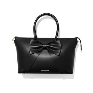 Karl Lagerfeld Black Leather Top Handle Handbag Bow Satchel Bag Gold Logo Paris